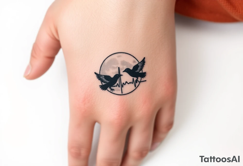 Create a minimalist tattoo design symbolizing the deep connection between a mother and daughter, featuring the initials L and E. Incorporate two crows flying around a full moon, connected by an ECG heartbeat line that represents their shared life energy. The design should feel mystical, balanced, and emotionally meaningful.”
Simplystic and small with Initials L and E tattoo idea