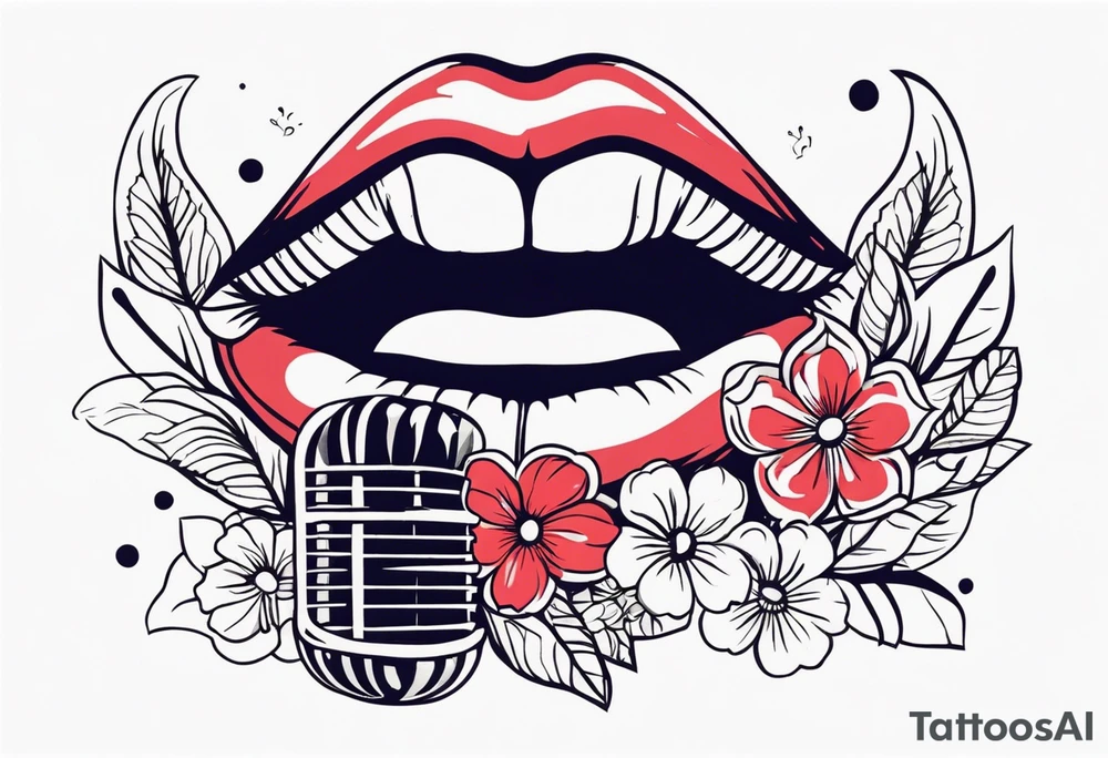 lips singing old school vintage traditional
flowers around and mouth next to microphone
bold and colorful simple design dots and simple flowers sketch tattoo idea