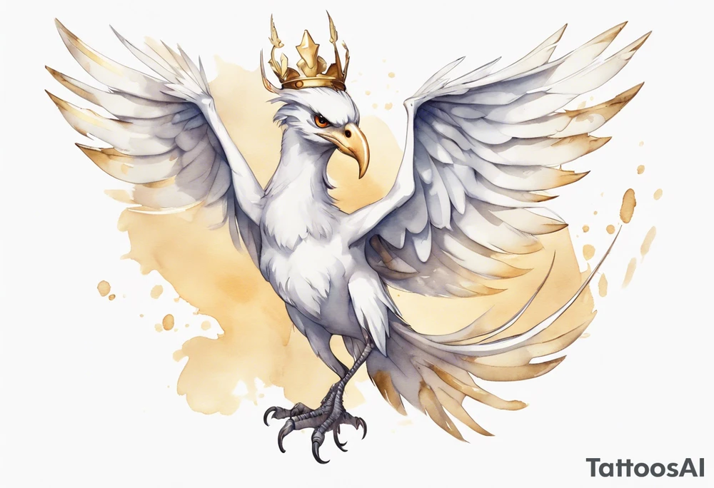 a watercolor of a white bird-wyvern hybrid wearing a plain crown, with light gold wing feathers tattoo idea
