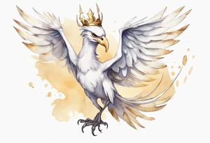 a watercolor of a white bird-wyvern hybrid wearing a plain crown, with light gold wing feathers tattoo idea