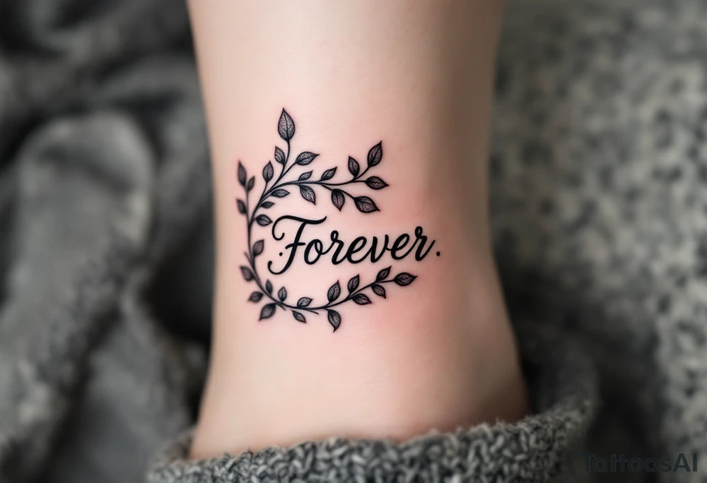 "Forever" hidden in a vine of black and gray leaves wrapping around the ankle. tattoo idea