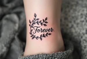 "Forever" hidden in a vine of black and gray leaves wrapping around the ankle. tattoo idea