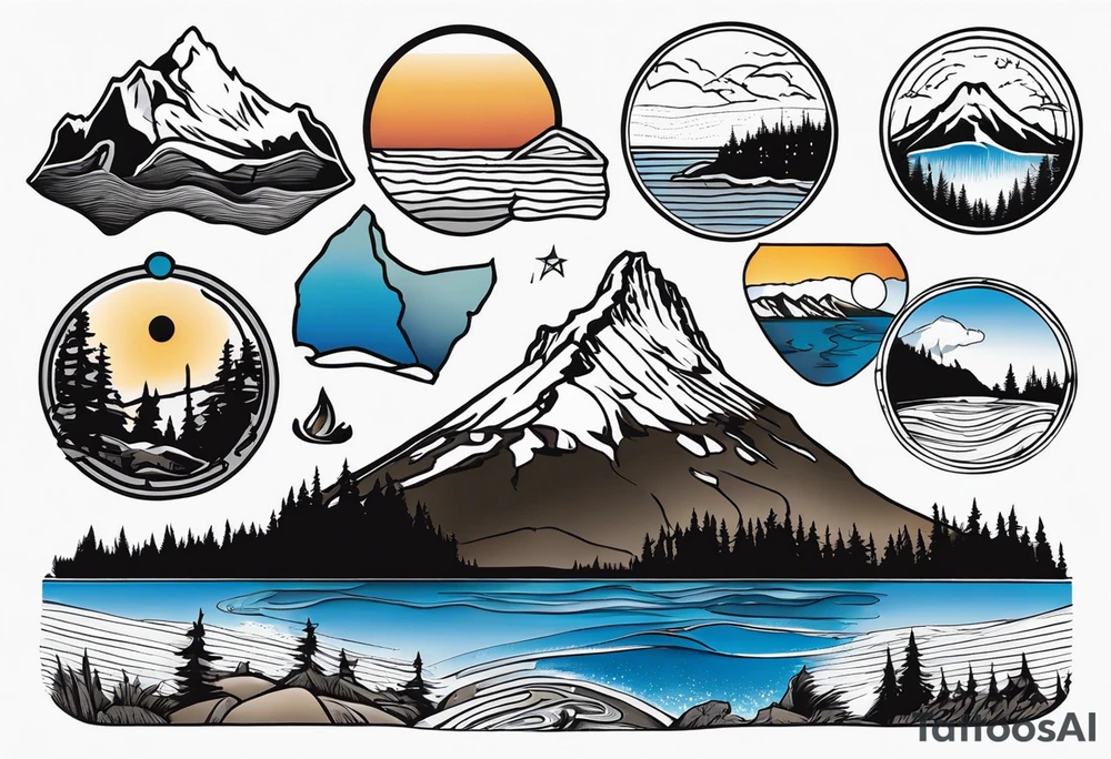 NSEW with haystack rock in the top left, mount hood in the top right, alsea falls in the bottom left, crater lake in the bottom right tattoo idea