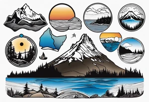 NSEW with haystack rock in the top left, mount hood in the top right, alsea falls in the bottom left, crater lake in the bottom right tattoo idea