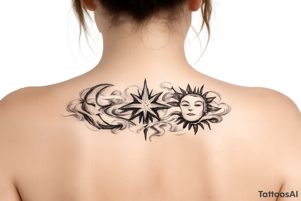 Moon, Sun, and Rising Star in the same red stencil aesthetic, with the smoke weaving through and overlapping each celestial symbol so they feel like a cohesive set for sternum placement. The Rising Star specifically incorporates the same flowing ribbon effect you liked in the Moon and Sun references. tattoo idea