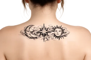 Moon, Sun, and Rising Star in the same red stencil aesthetic, with the smoke weaving through and overlapping each celestial symbol so they feel like a cohesive set for sternum placement. The Rising Star specifically incorporates the same flowing ribbon effect you liked in the Moon and Sun references. tattoo idea