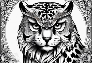 Transition between owl and leopard tattoo idea