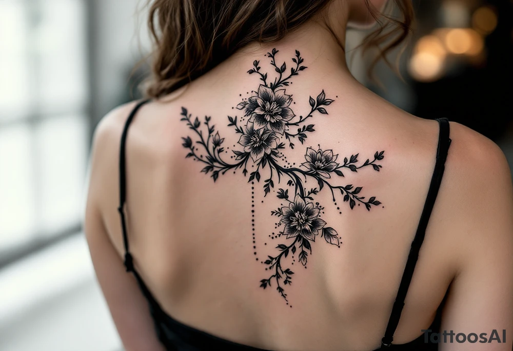 1.	Cherry Blossom Flow (Central Spine): A cascading cherry blossom flowing vertically along the spine to cover the central portion of the existing tattoo. Symmetrical patterns inspired by ornamental designs, with intricate curves and dotwork extending outward from the base of the spine. These elements should balance the floral motif and enhance the lower back area with a decorative, feminine flair.
	3.	Dotwork and Contouring: Delicate linework and dot patterns should be added around the floral design to give texture and seamlessly blend the tattoo with the surrounding skin. The ornamentation should curve naturally along the shape of the body, creating a cohesive, elegant look. tattoo idea
