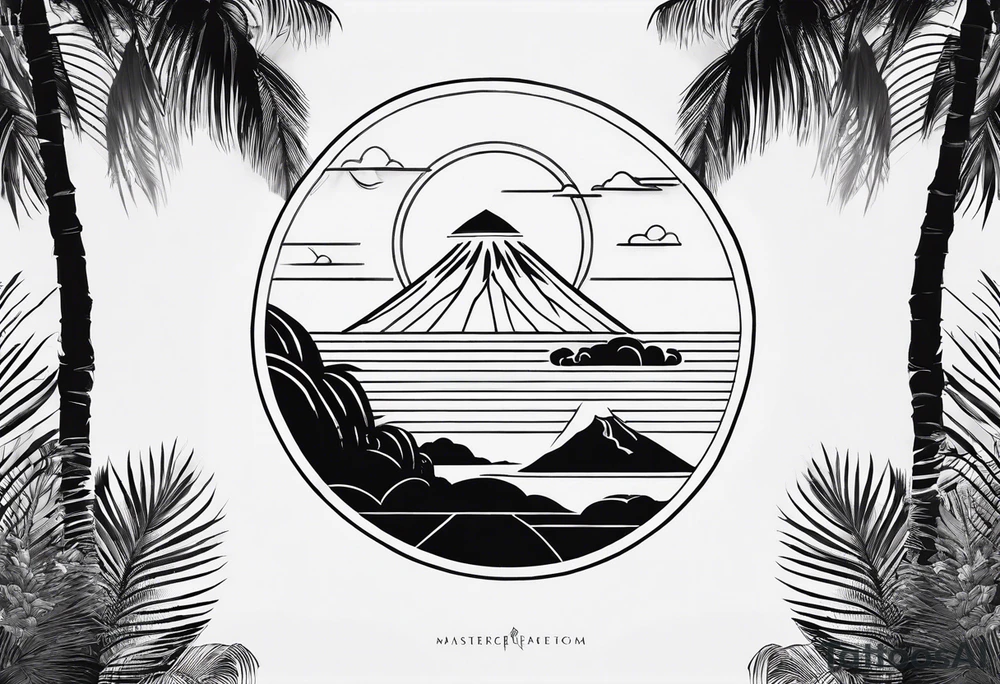 fineline tattoo of a palm tree with a volcano on the back for the arm tattoo idea