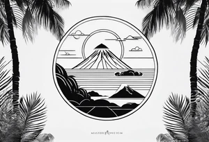 fineline tattoo of a palm tree with a volcano on the back for the arm tattoo idea