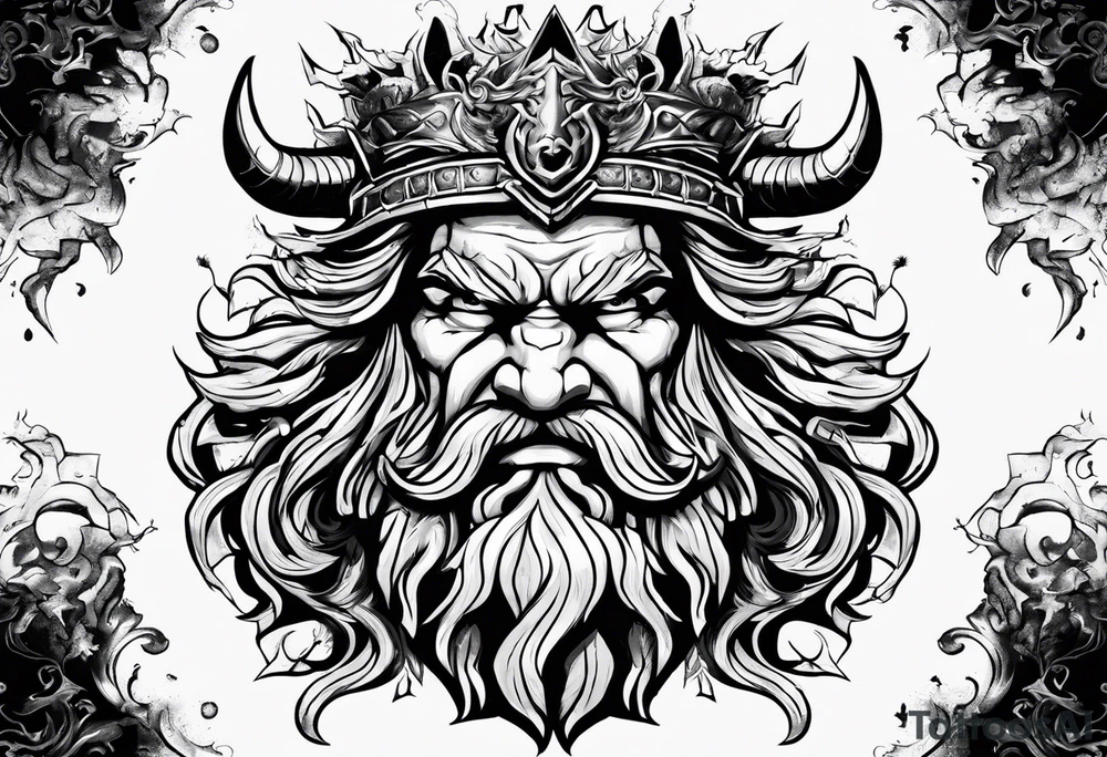 The enraged god Zeus the Thunderer with lightning bolts in a furious tattoo idea