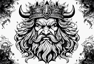 The enraged god Zeus the Thunderer with lightning bolts in a furious tattoo idea