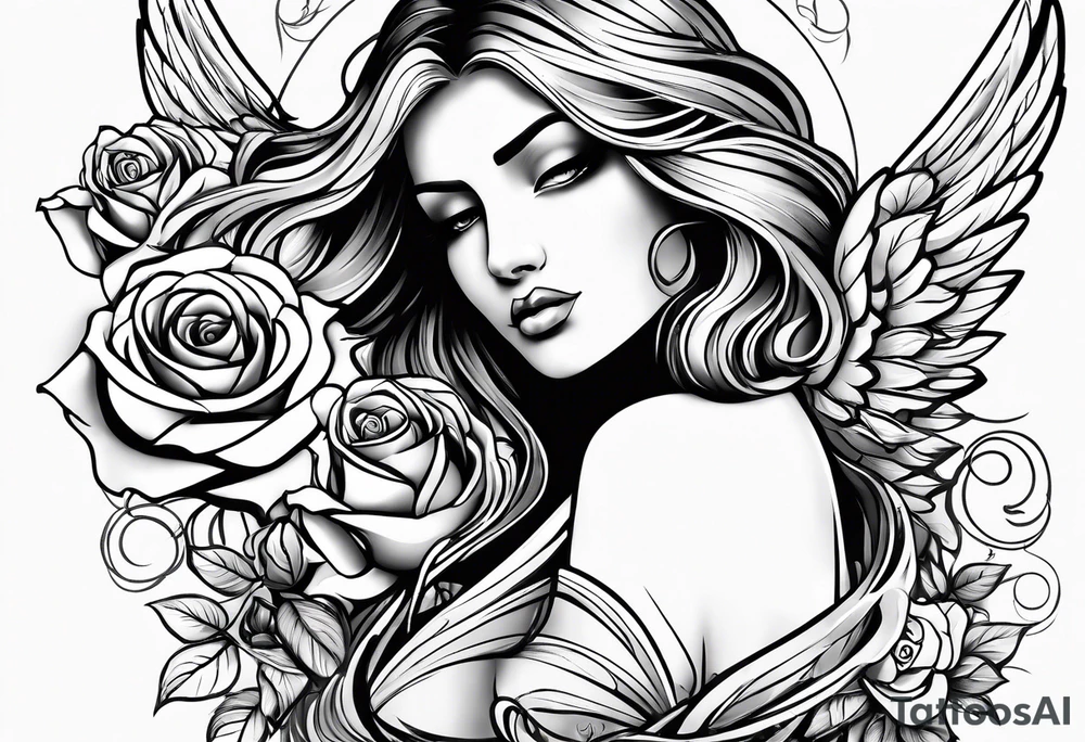 Angel, roses, name MARTINA tattoo idea