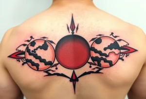 three horizontal planets. Color Black and red with more black tattoo idea