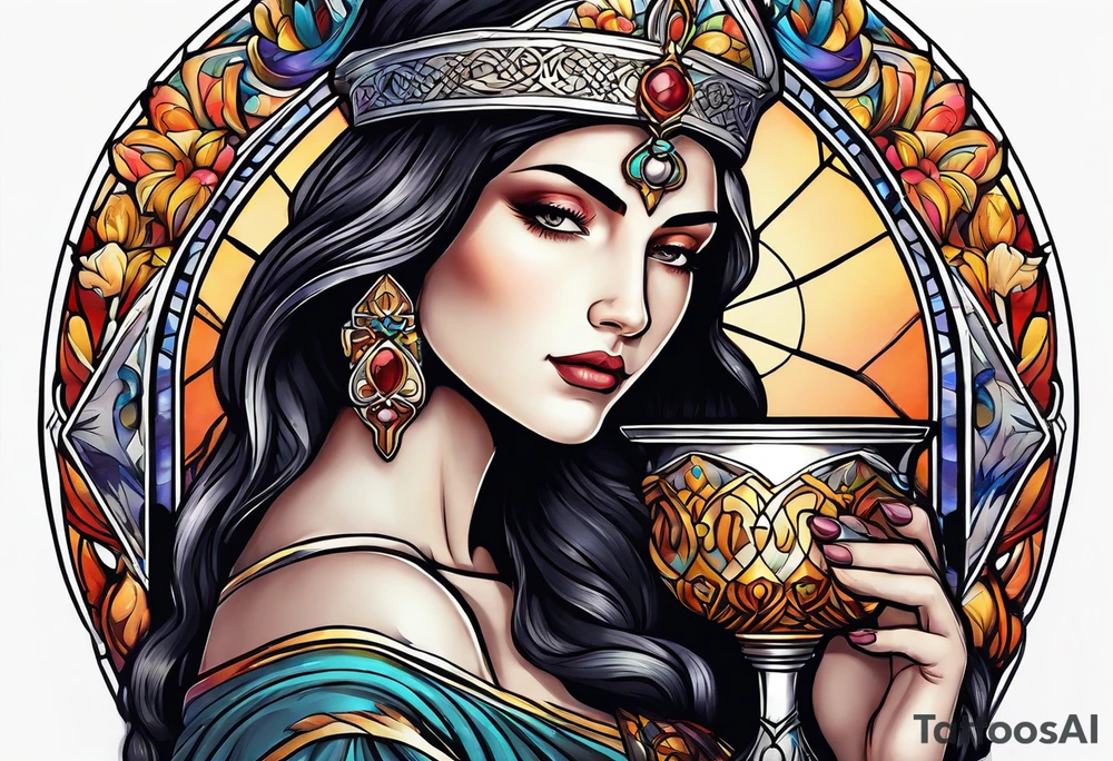holy saint woman turned away
 holding a chalice tattoo idea