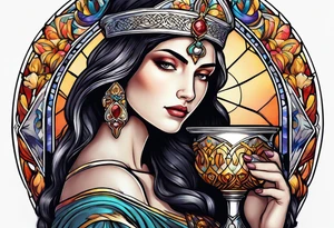 holy saint woman turned away
 holding a chalice tattoo idea