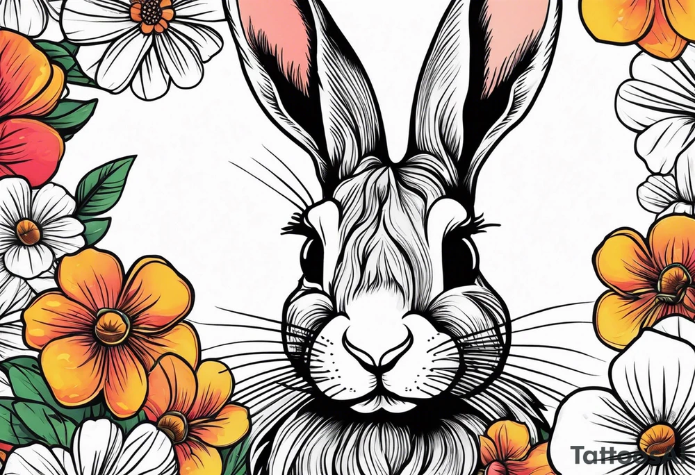 Realistic rabbit head and flowers tattoo idea