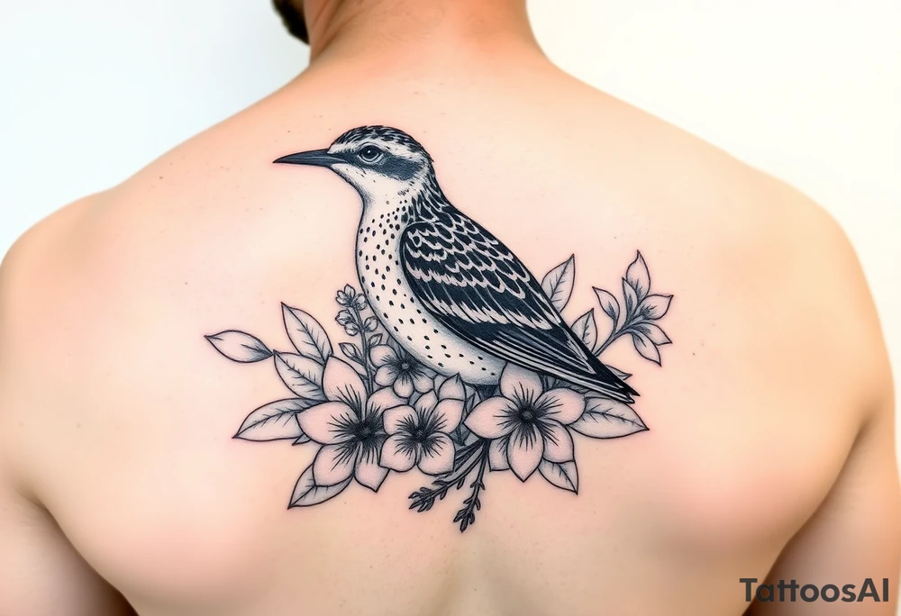 Female pacific golden plover (kolea) bird hawaiian flowers and lei in color detailed tattoo idea