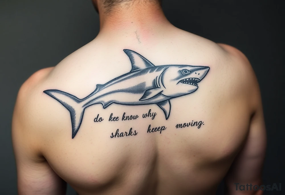 Shark on spine with words “do you know why sharks keep moving” tattoo idea