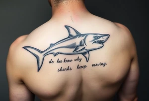 Shark on spine with words “do you know why sharks keep moving” tattoo idea