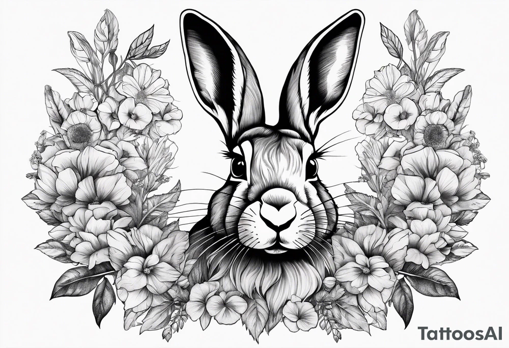 Realistic rabbit head in the middle of realistic flowers and leaves tattoo idea