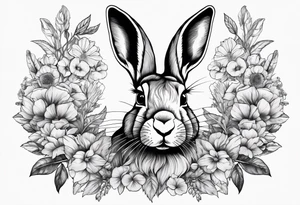 Realistic rabbit head in the middle of realistic flowers and leaves tattoo idea