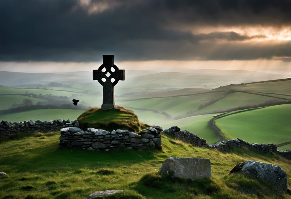 A stone Celtic cross solemnly standing atop a hill, a raven perches atop the cross staring out over the desolation. A ruined stone wall lies crumbling near the cross. Mist rolls along the hilltops adding to the melancholic nature of the scene. Clouds gather in the distance, obscuring the setting sun tattoo idea