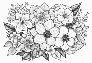 Hydrangea, Narcissus, Poinsettia, Holly, Gladiolus, Poppy, Daisy, Sweet Pea floral bouquet tattoo idea