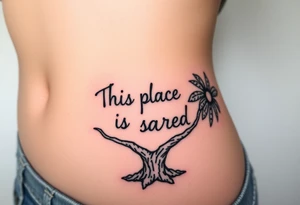 Hand written writing that says This place is sacred written on the trunk of a small breadfruit tree tattoo idea