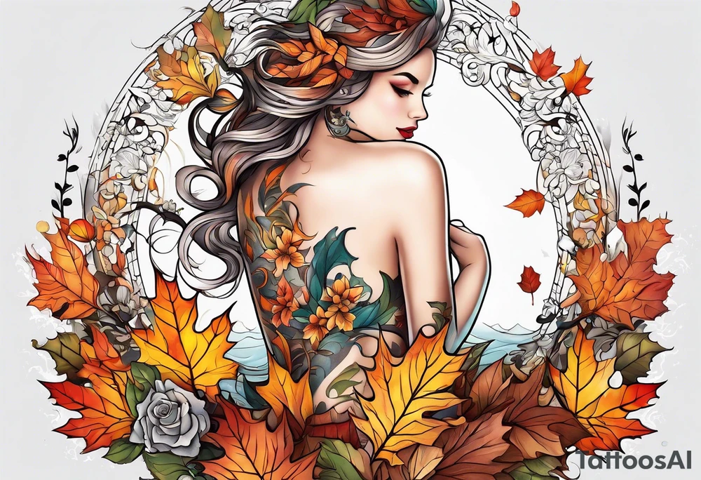 thigh tattoo with fall colors showing leaves, flowers, water flow and sky tattoo idea
