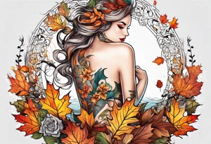 thigh tattoo with fall colors showing leaves, flowers, water flow and sky tattoo idea