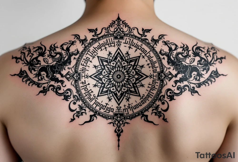 A Sak Yant tattoo features intricate geometric patterns and sacred script arranged symmetrically, often combining a central yantra design with surrounding lines of ancient Khmer prayers and animal or deity motifs for spiritual protection and power. tattoo idea