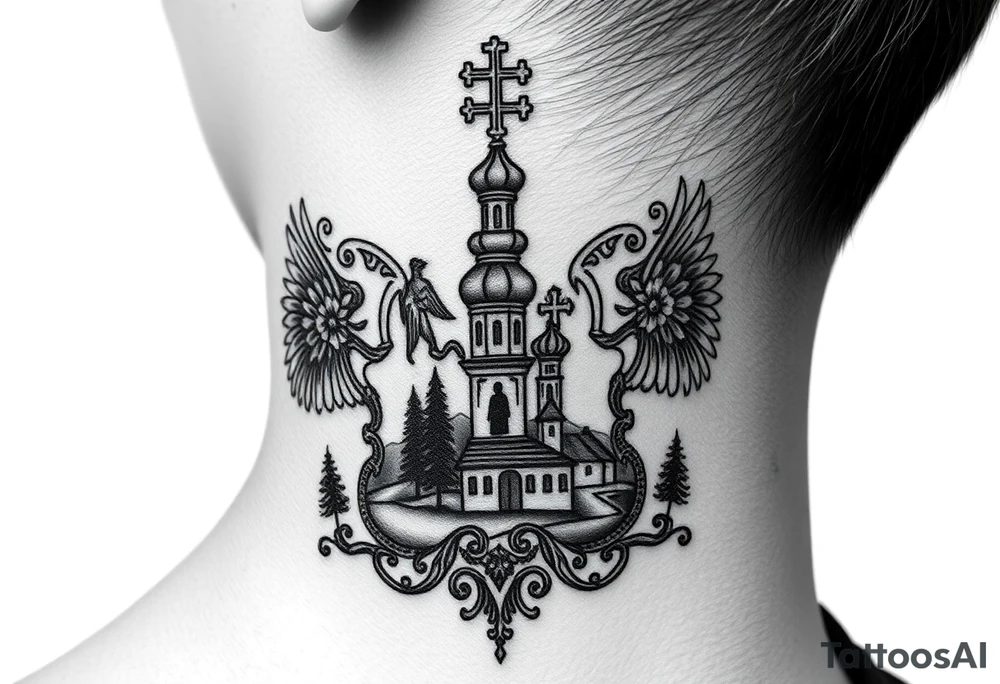Traditional authentic Russian coat of arms with a Christian orthodox virgin marry in the middle and silhouette in a Russian wilderness Christian orthodoxy dome church village setting on the side of my neck tattoo idea
