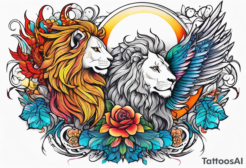Lion phoenix rose moon tattoo idea