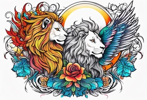 Lion phoenix rose moon tattoo idea