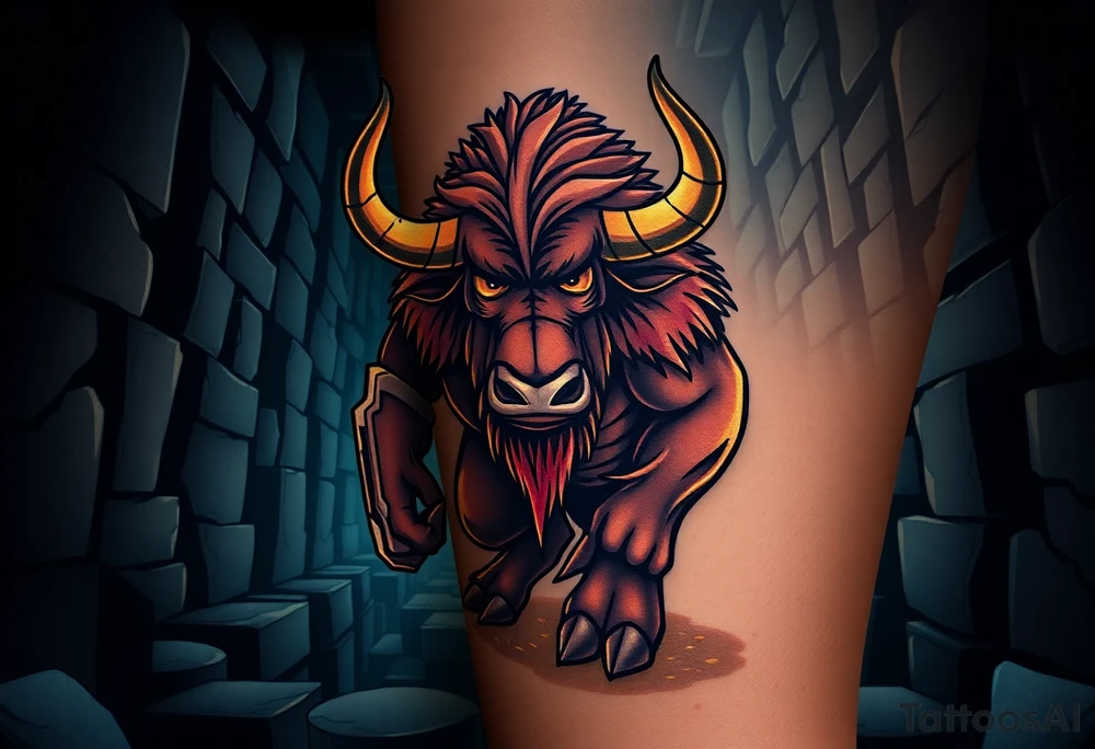 A mighty Minotaur in a shadowy labyrinth, its massive frame glowing with a bronze sheen under flickering torchlight tattoo idea