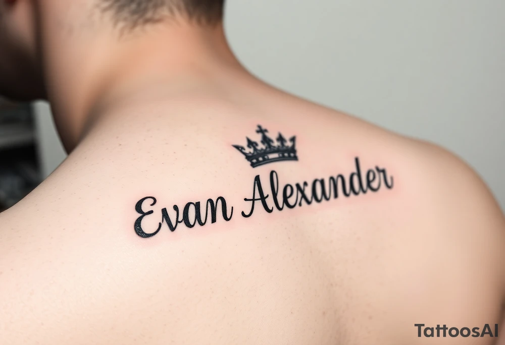 Name tattoo that says Evan Alexander with a crown on forearm tattoo idea