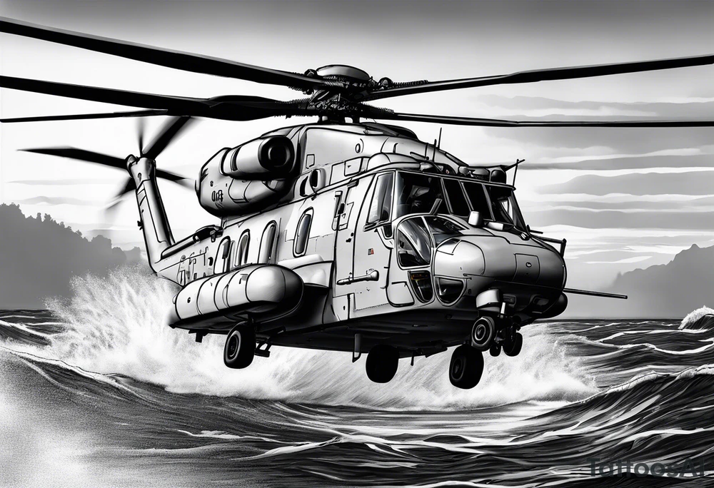 canadian military grey helicopter cyclone CH-148, a helicopter flying over rough water, Clear sky, sunset
, military art, ocean specular, highly detailed background, poppy flower tattoo idea