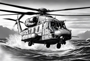 canadian military grey helicopter cyclone CH-148, a helicopter flying over rough water, Clear sky, sunset
, military art, ocean specular, highly detailed background, poppy flower tattoo idea