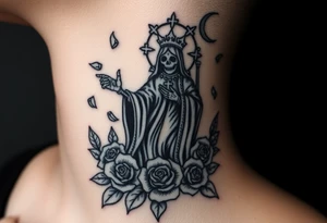 Evil Santa muerte rising out of smoke surrounded by broken roses and rose petals tattoo idea