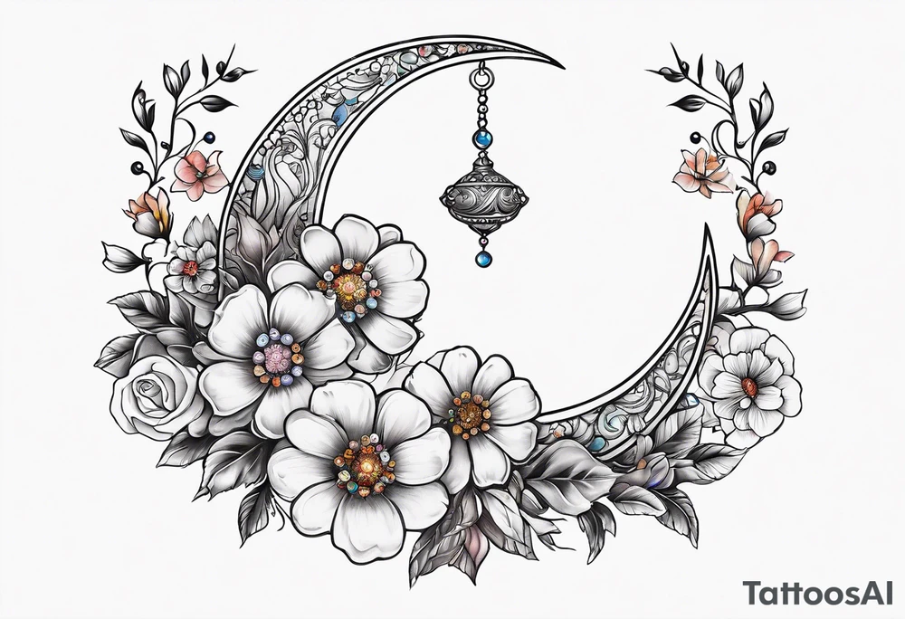 Crescent moon with flowers and beading tattoo idea