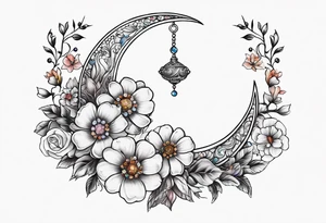 Crescent moon with flowers and beading tattoo idea