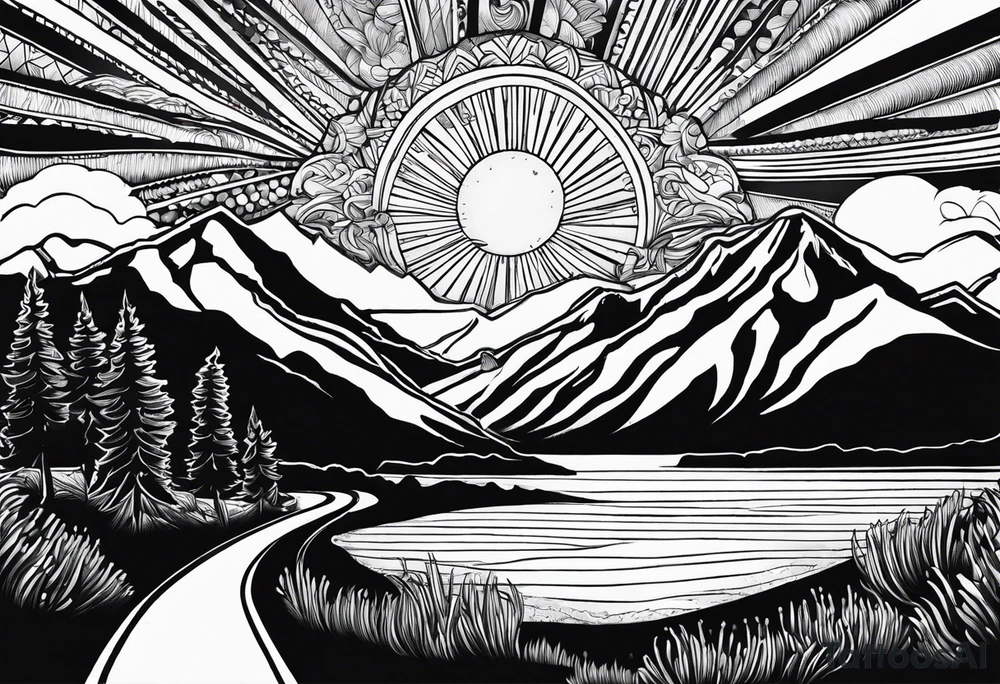 mountains, lake, yurt, sun, road tattoo idea