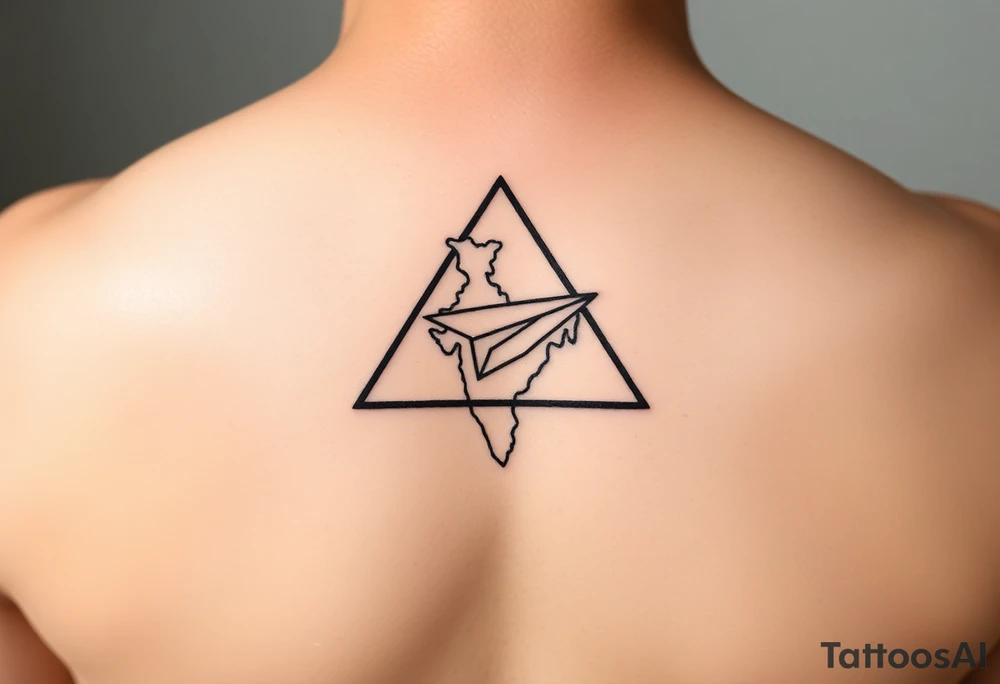 Small geometric triangle with a geometric paper plane with fine thin lines flying around the countries of India and Guyana. tattoo idea