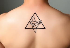 Small geometric triangle with a geometric paper plane with fine thin lines flying around the countries of India and Guyana. tattoo idea
