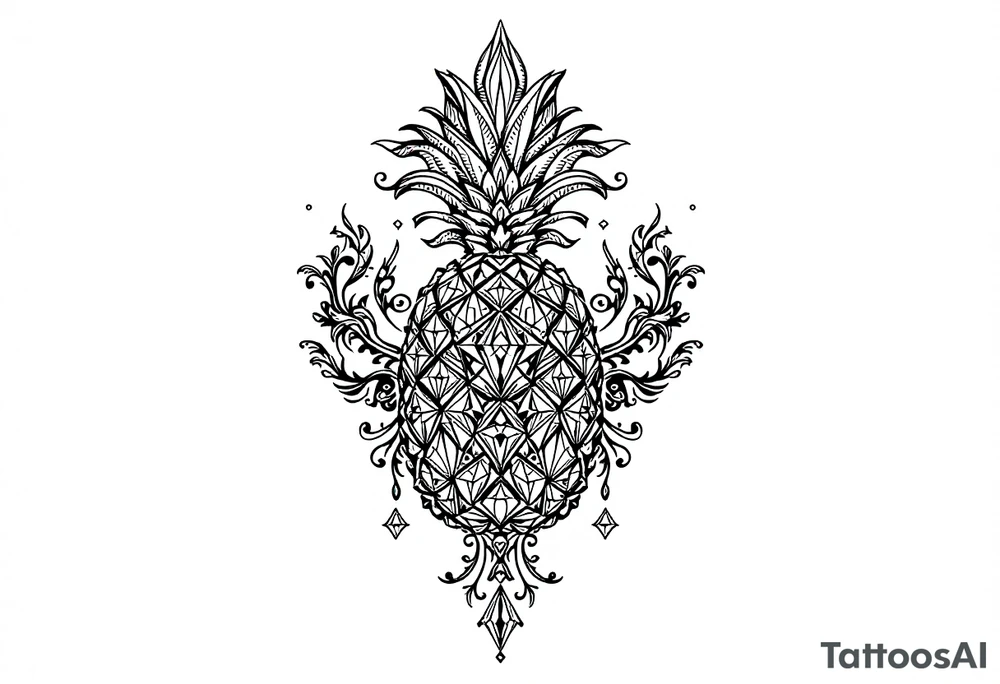 Design around a vagina and anus area using a pineapple with diamonds and magestic, crown, vagina, anus, pubic tattoo idea