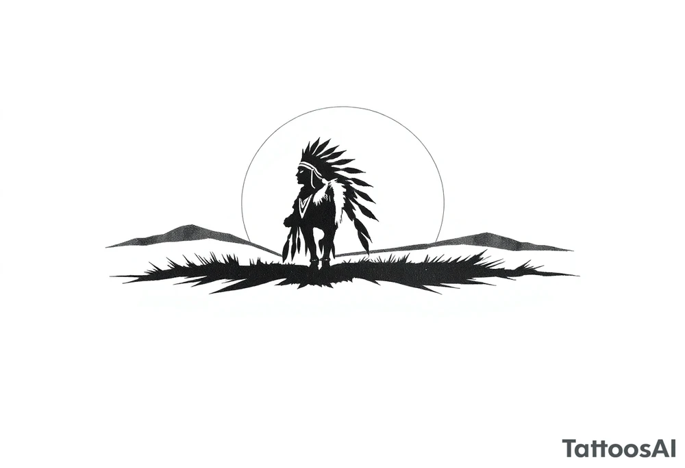 Silhouette of Native American tribe in sunset tattoo idea
