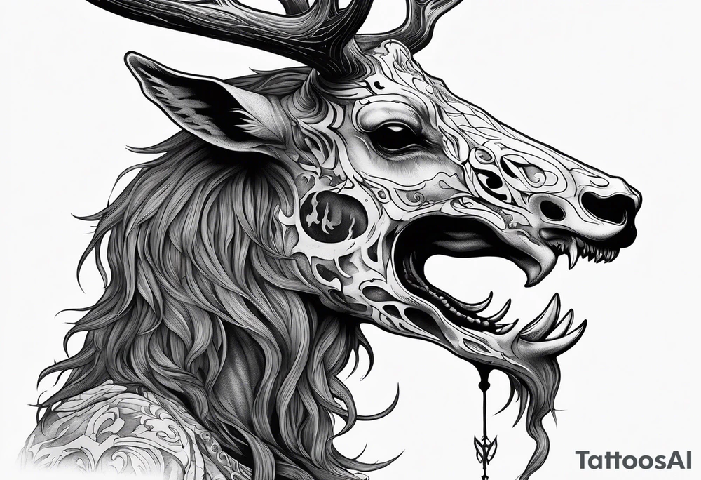 A side profile of a wendigo with a deer skull head, forest fire tattoo idea