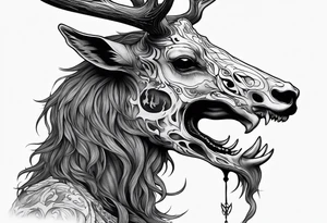 A side profile of a wendigo with a deer skull head, forest fire tattoo idea