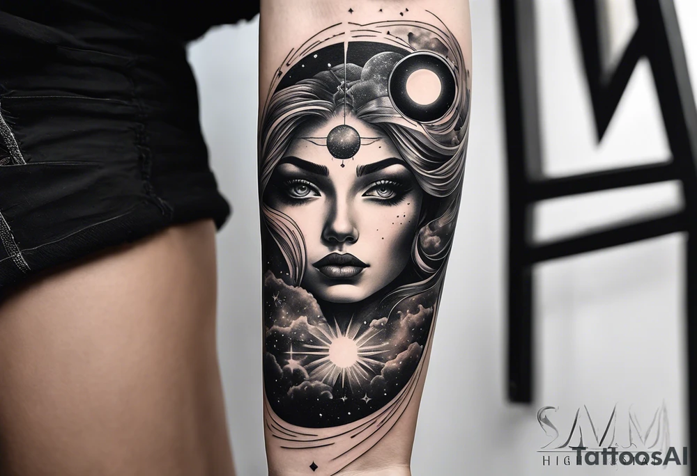 A surrealistic forarm sleeve tattoo featuring beautiful goddess’s face with glowing eyes creating the universe. Above her in the background is a black hole with a man being lifted into it tattoo idea